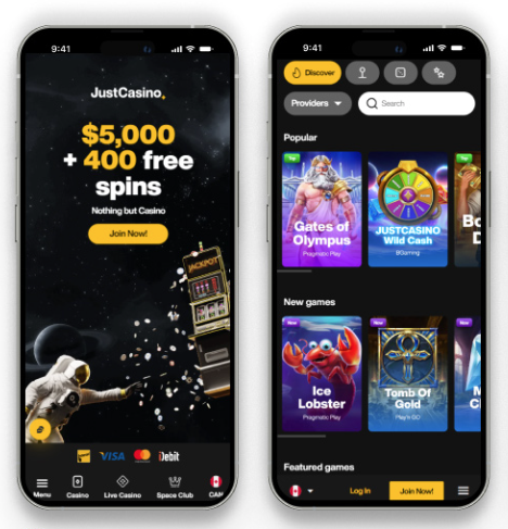 JustCasino mobile site shown on a smartphone